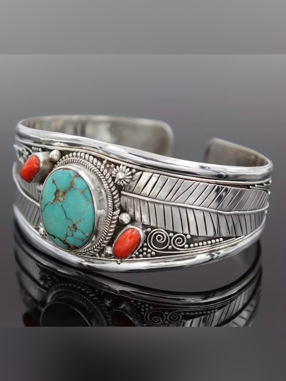 Turquoise and Coral Cuff Bracelet